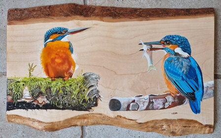 Schilderij ijsvogels op hout 45 x 30 cm.