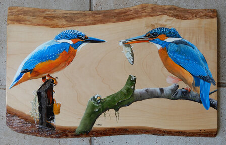 Schilderij ijsvogels op hout 45 x 30 cm.