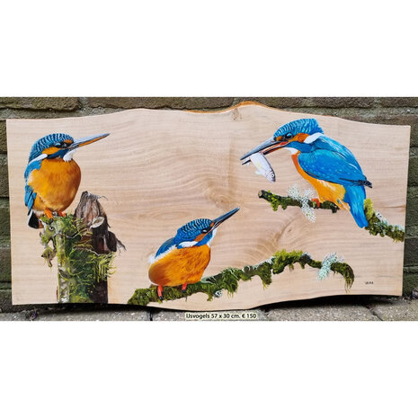 Schilderij ijsvogels op hout 57 x 30 cm.