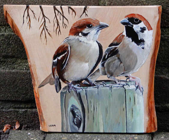 Schilderij 2 mussen op hout 25 x 20 cm.