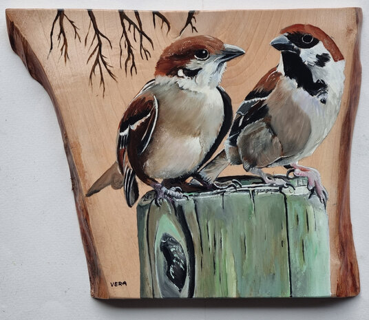 Schilderij 2 mussen op hout 25 x 20 cm.