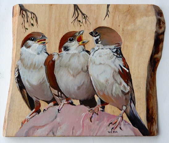 Schilderij 3 mussen op hout 25 x 20 cm.